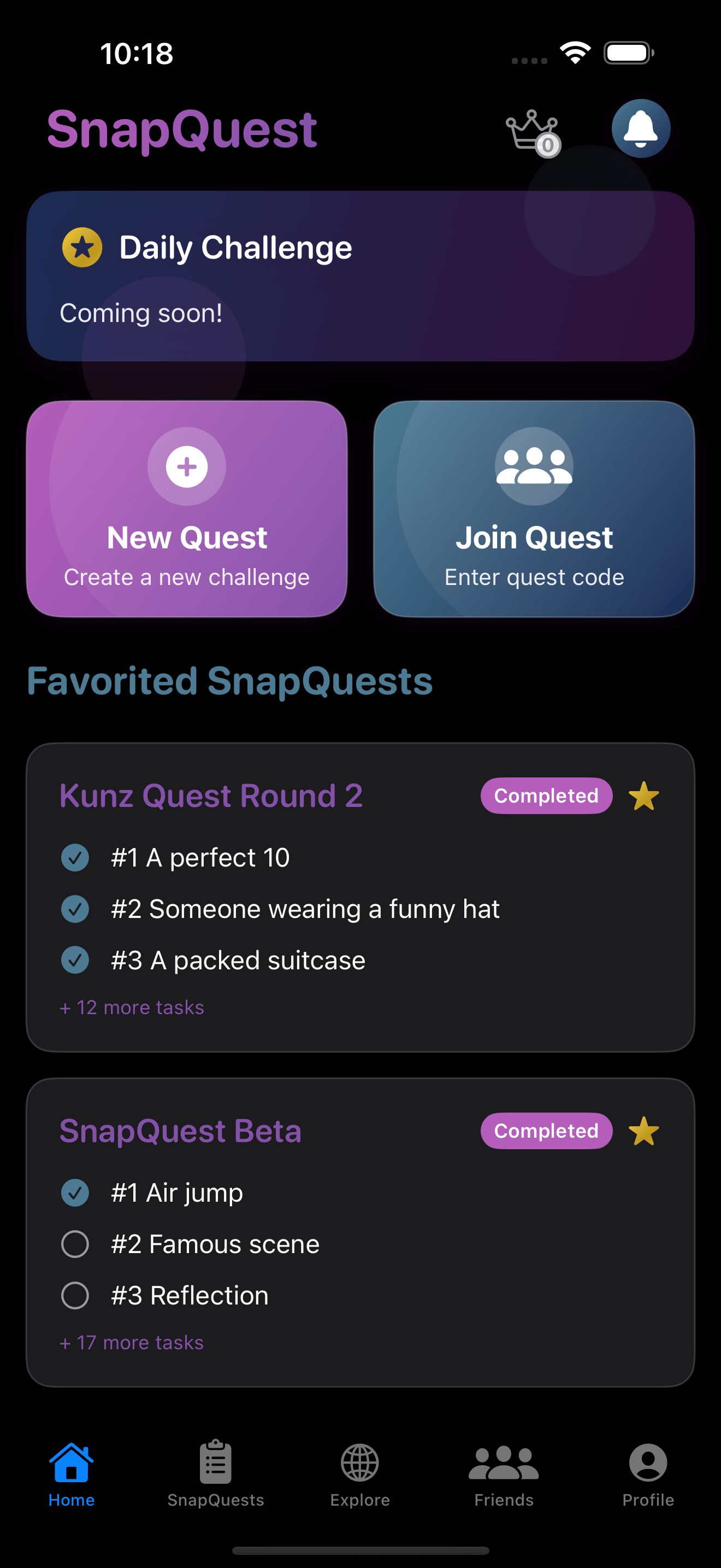 SnapQuest Home Screen